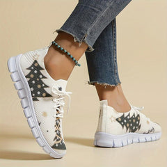 Christmas Tree Print Mesh Breathable Flying Woven Shoes Soft Sole Comfortable