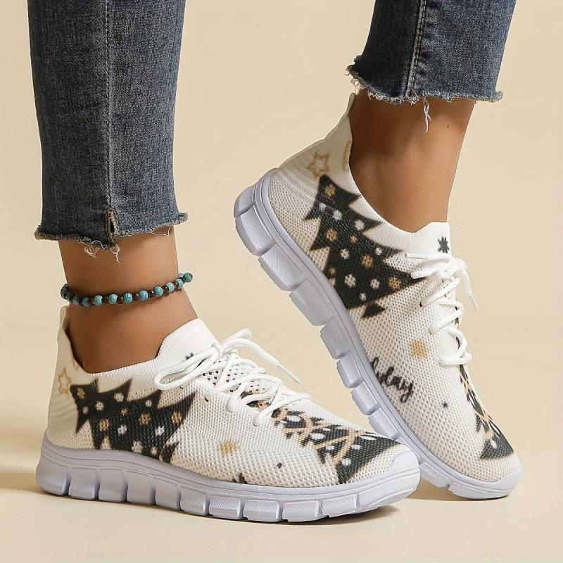 Christmas Tree Print Mesh Breathable Flying Woven Shoes Soft Sole Comfortable