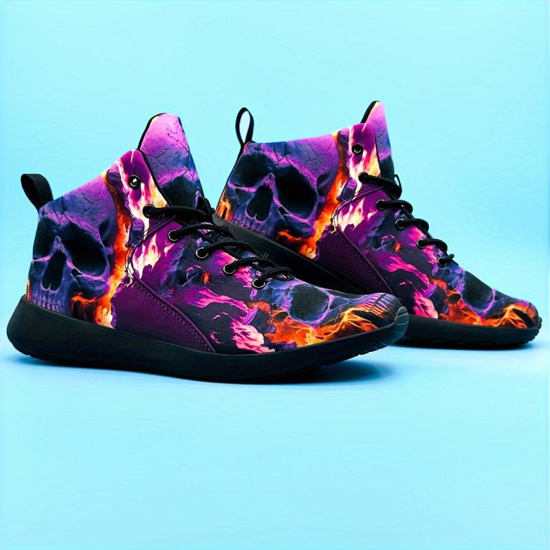 Purple Skull Flame Pattern High Top Running Shoes