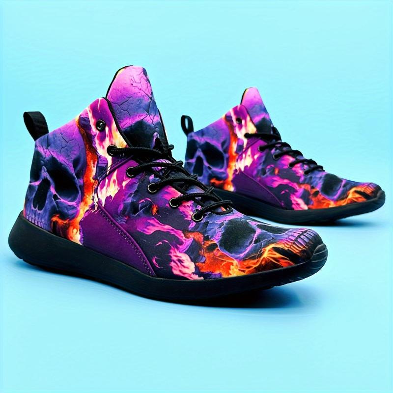 Purple Skull Flame Pattern High Top Running Shoes