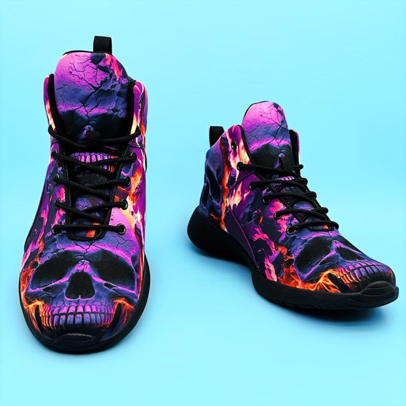 Purple Skull Flame Pattern High Top Running Shoes