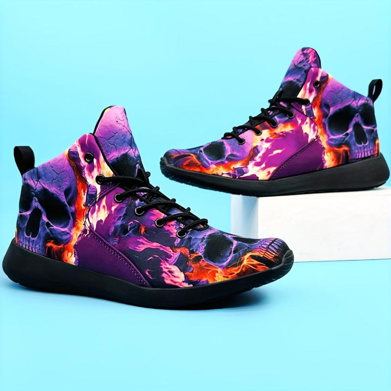Purple Skull Flame Pattern High Top Running Shoes