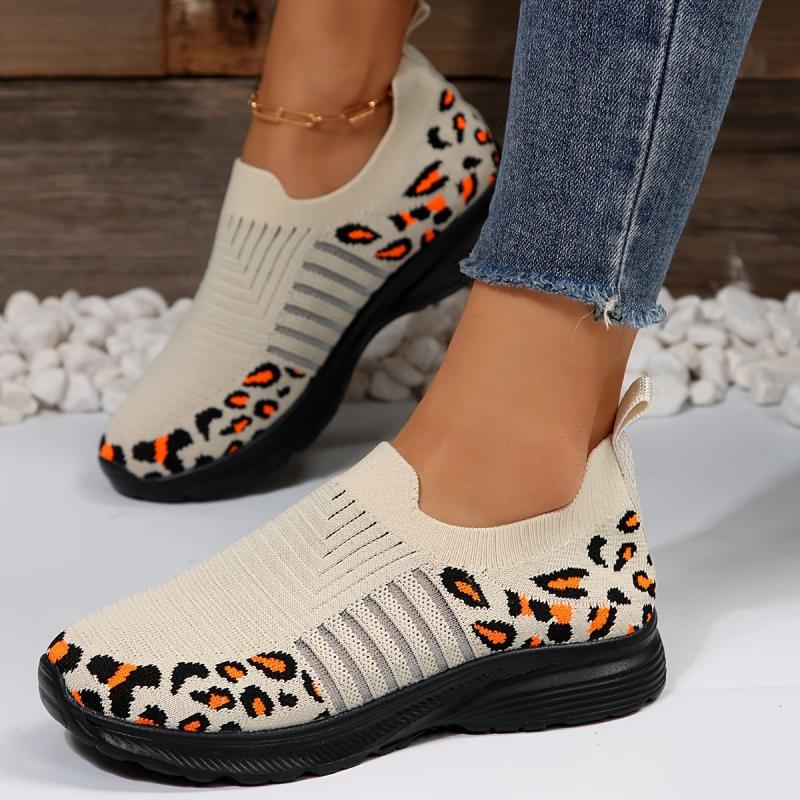 Women's Leopard Print Knitted Sports Shoes Lightweight Non-slip Sole