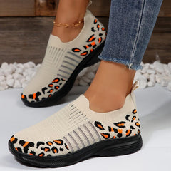 Women's Leopard Print Knitted Sports Shoes Lightweight Non-slip Sole