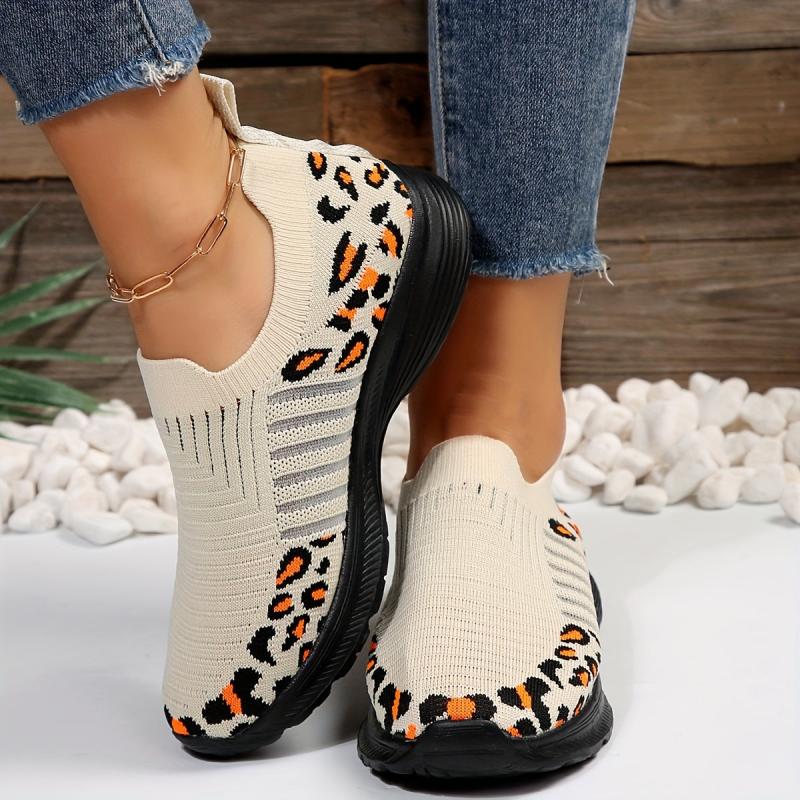 Women's Leopard Print Knitted Sports Shoes Lightweight Non-slip Sole