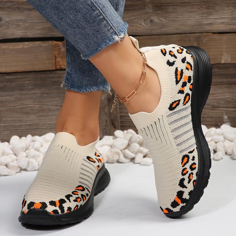 Women's Leopard Print Knitted Sports Shoes Lightweight Non-slip Sole