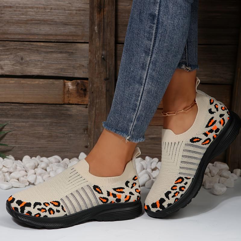 Women's Leopard Print Knitted Sports Shoes Lightweight Non-slip Sole