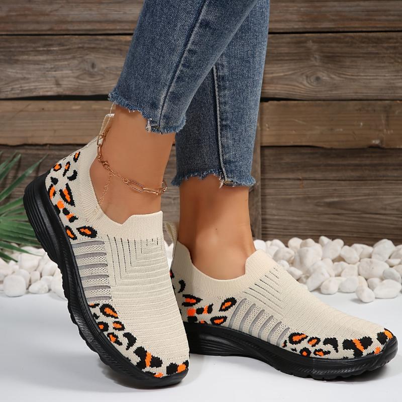 Women's Leopard Print Knitted Sports Shoes Lightweight Non-slip Sole