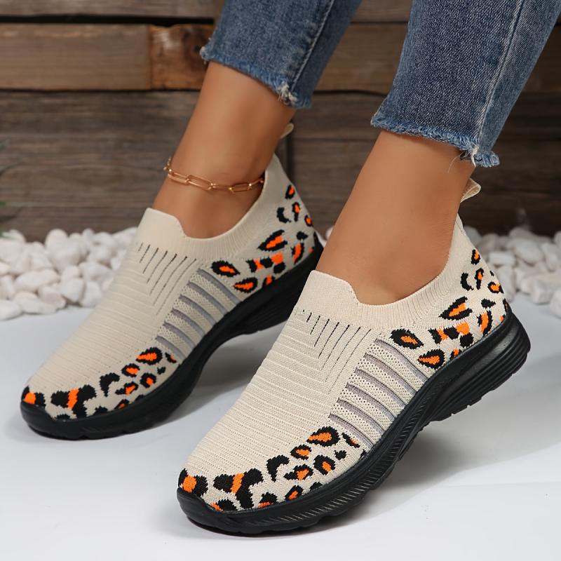 Women's Leopard Print Knitted Sports Shoes Lightweight Non-slip Sole