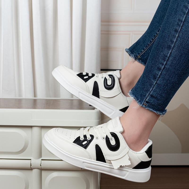 Women's Block Faux Leather Skate Shoes Low Cut Lace Up Sneakers