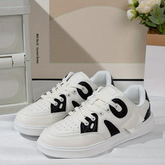 Women's Block Faux Leather Skate Shoes Low Cut Lace Up Sneakers