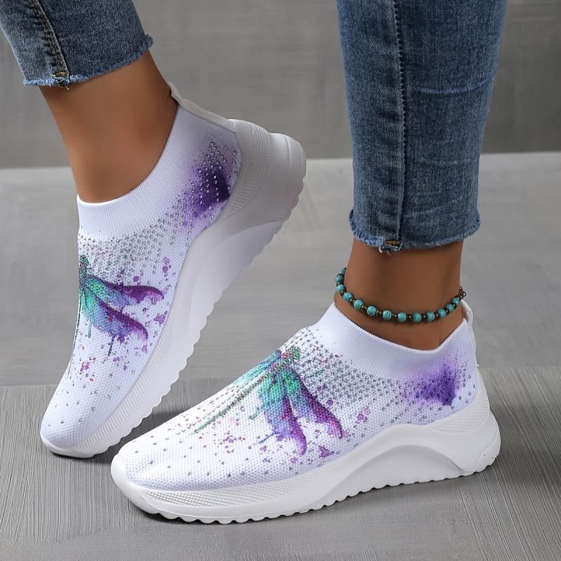 Women's Ombre Dragonfly Pattern Rhinestone Mesh Running Shoes
