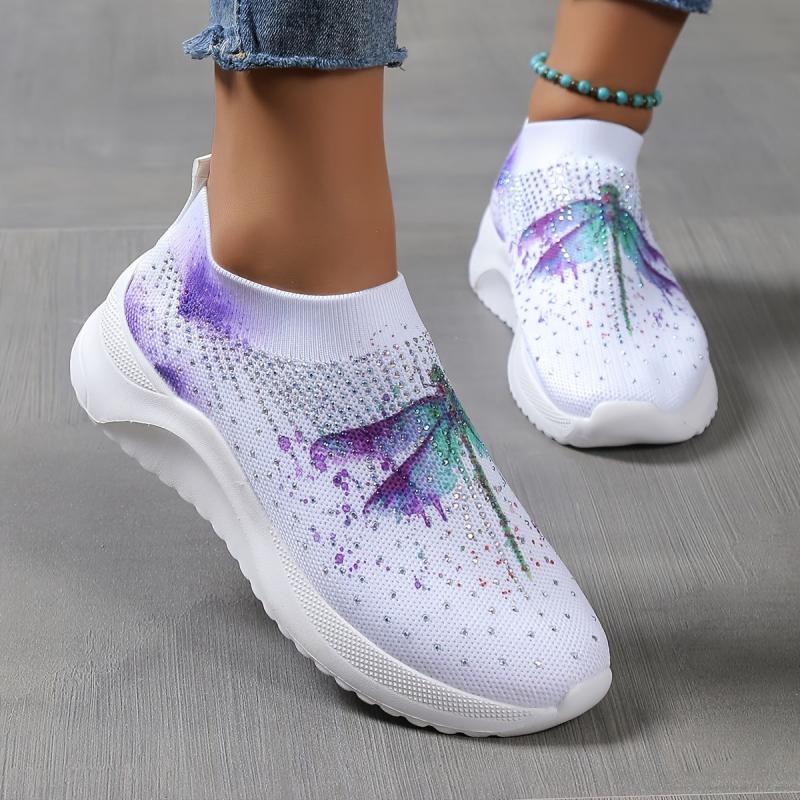 Women's Ombre Dragonfly Pattern Rhinestone Mesh Running Shoes