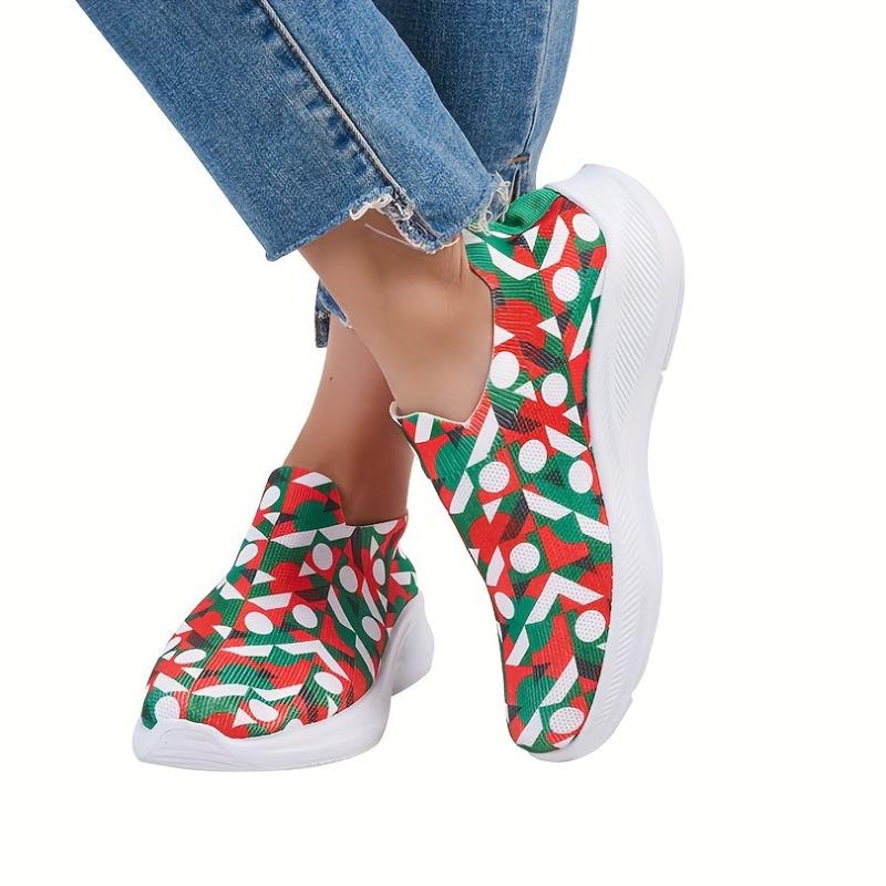 Christmas Print Non Slip Running Shoes Elastic Slip On Sneakers