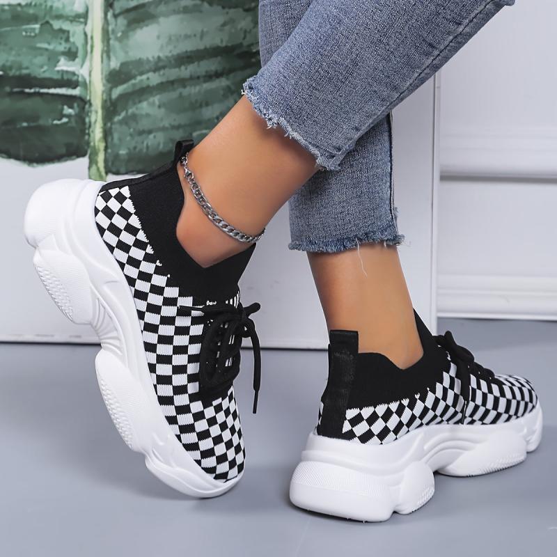 Women's Plaid Chunky Sneakers Breathable Non-slip Shoes