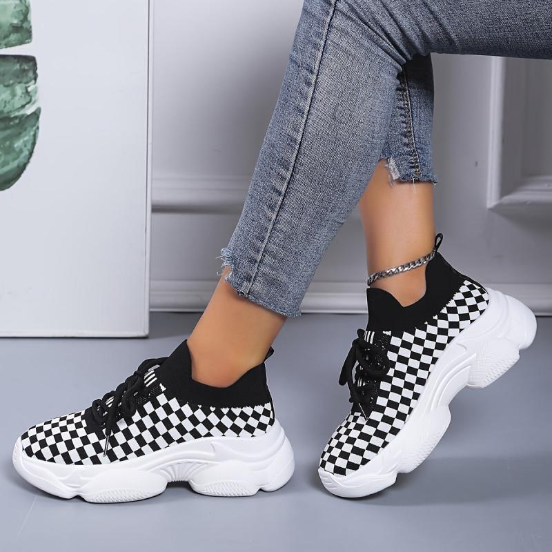 Women's Plaid Chunky Sneakers Breathable Non-slip Shoes