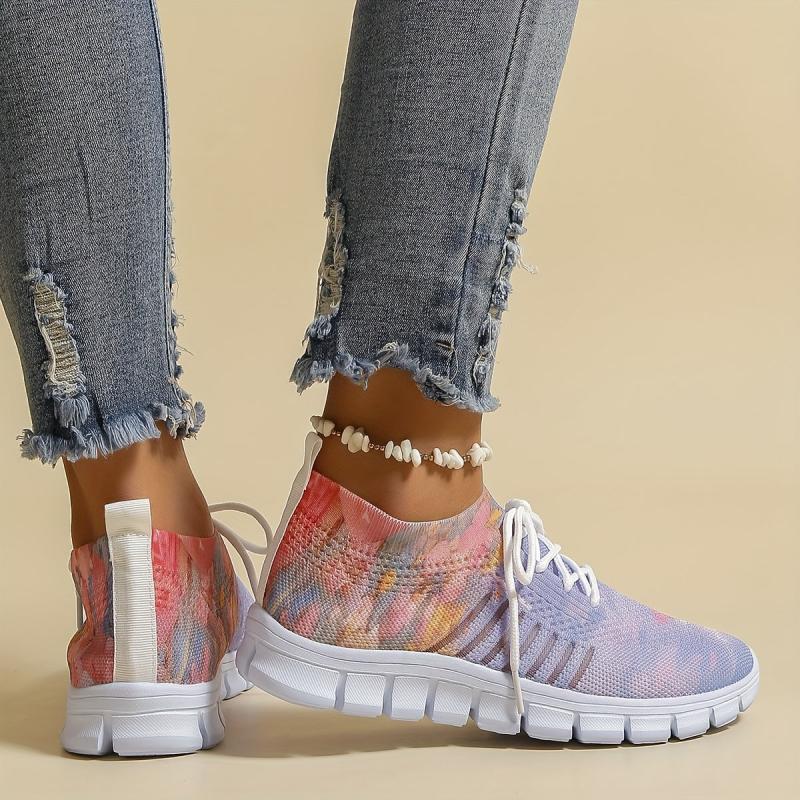 Women's Floral Pattern Lace-up Sneakers Breathable Mesh Casual Running Shoes