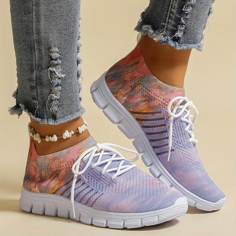 Women's Floral Pattern Lace-up Sneakers Breathable Mesh Casual Running Shoes