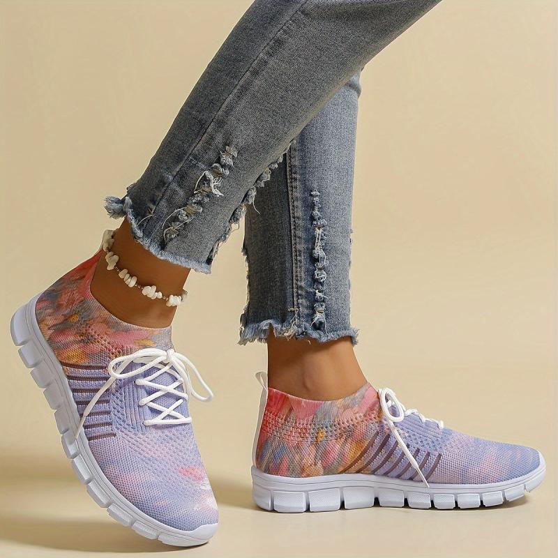 Women's Floral Pattern Lace-up Sneakers Breathable Mesh Casual Running Shoes