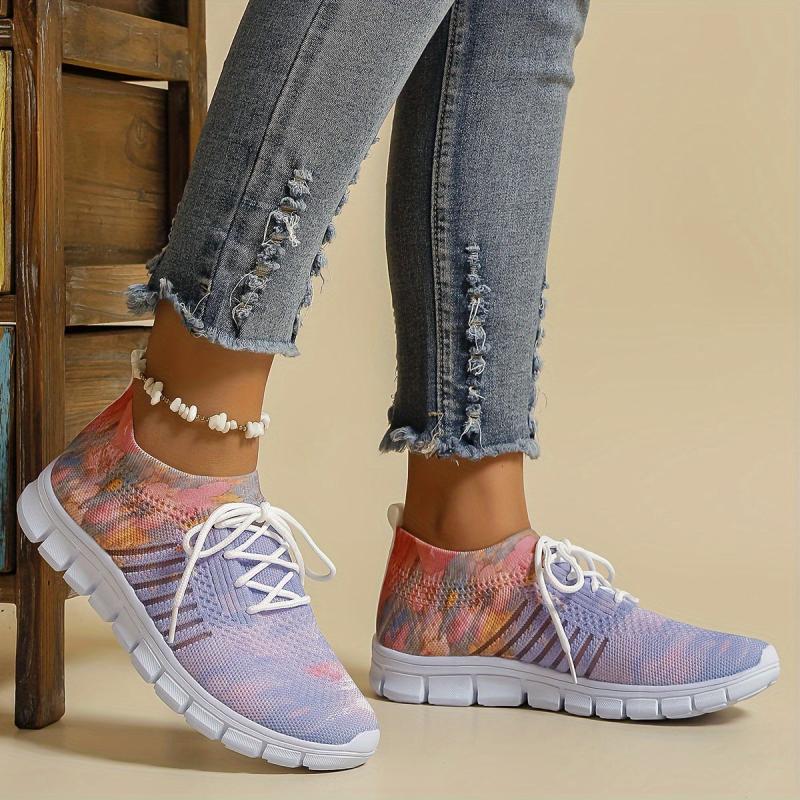 Women's Floral Pattern Lace-up Sneakers Breathable Mesh Casual Running Shoes