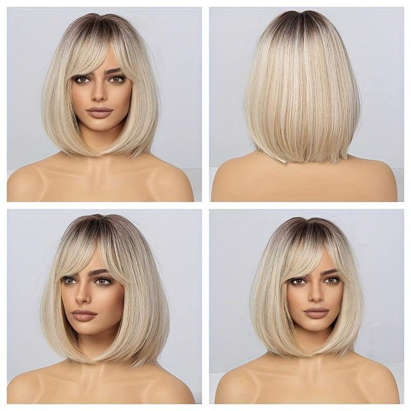 Short Blonde Bob Wigs With Bangs Heat Resistant Synthetic Fiber Natural Look