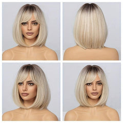 Short Blonde Bob Wigs With Bangs Heat Resistant Synthetic Fiber Natural Look