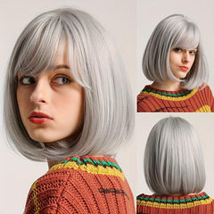 Short Blonde Bob Wigs With Bangs Heat Resistant Synthetic Fiber Natural Look