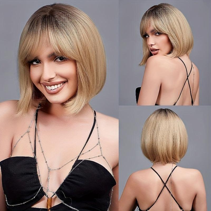 Short Blonde Bob Wigs With Bangs Heat Resistant Synthetic Fiber Natural Look