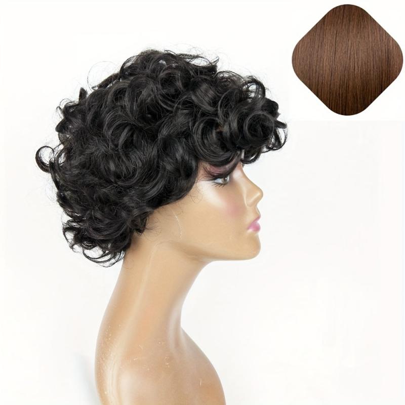 Short Curly Wig For Women Natural Fluffy Pixie Wig with Bangs