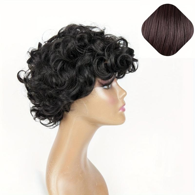 Short Curly Wig For Women Natural Fluffy Pixie Wig with Bangs