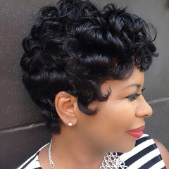 Short Curly Wig For Women Natural Fluffy Pixie Wig with Bangs