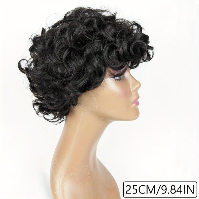 Short Curly Wig For Women Natural Fluffy Pixie Wig with Bangs