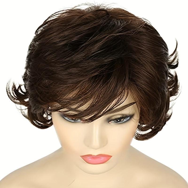 Short Wavy Brown Wig With Fringe Puffy Heat resistant Synthetic Fiber Wig