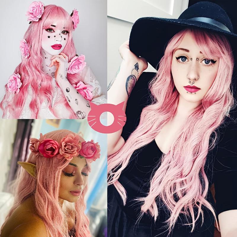 Pink Curly Wavy Wig for Girls Heat Friendly Synthetic Cosplay Party Wig