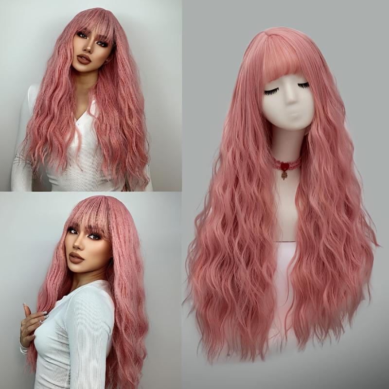 Pink Curly Wavy Wig for Girls Heat Friendly Synthetic Cosplay Party Wig