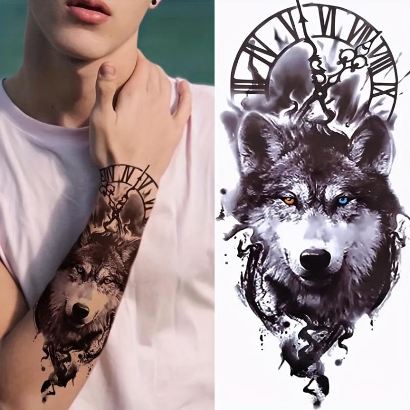 Wolf & Clock Tattoo Sticker Waterproof Temporary Arm Stickers
