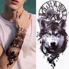 Wolf & Clock Tattoo Sticker Waterproof Temporary Arm Stickers