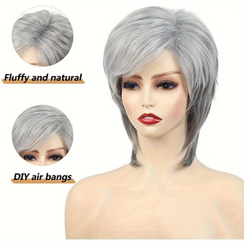 Short Gray Layered Cut Wig with Bangs Synthetic Curly Wigs