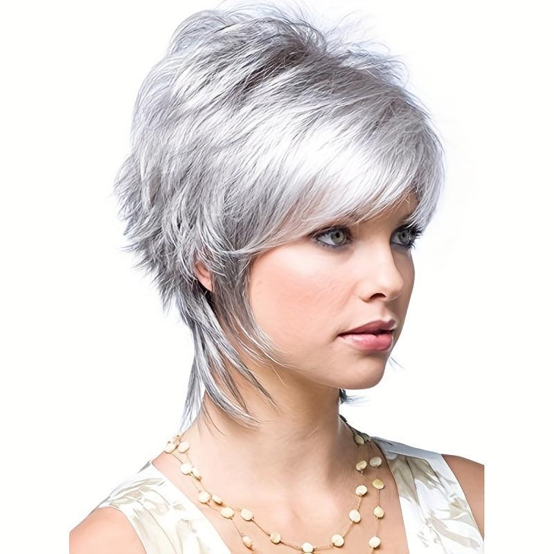 Short Gray Layered Cut Wig with Bangs Synthetic Curly Wigs
