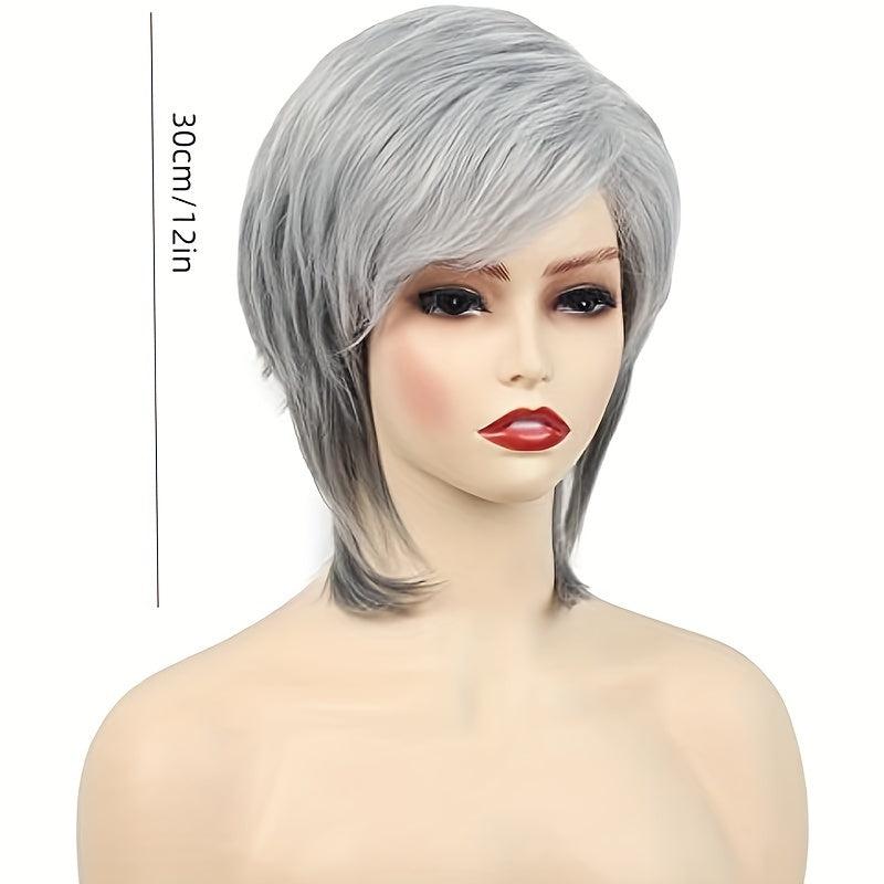 Short Gray Layered Cut Wig with Bangs Synthetic Curly Wigs