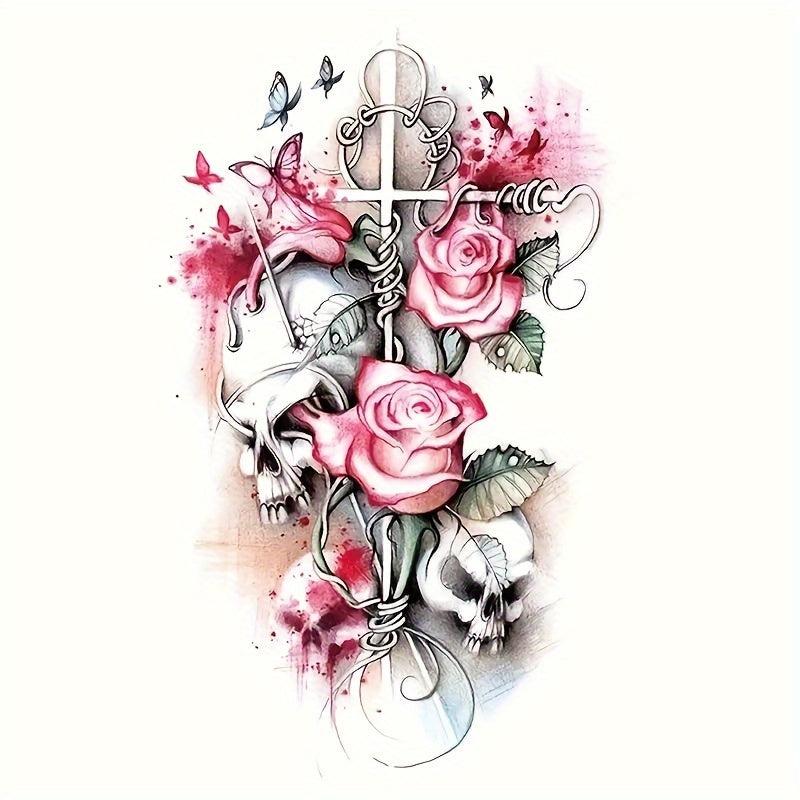 Flower & Cross Pattern Temporary Tattoo Waterproof Sticker