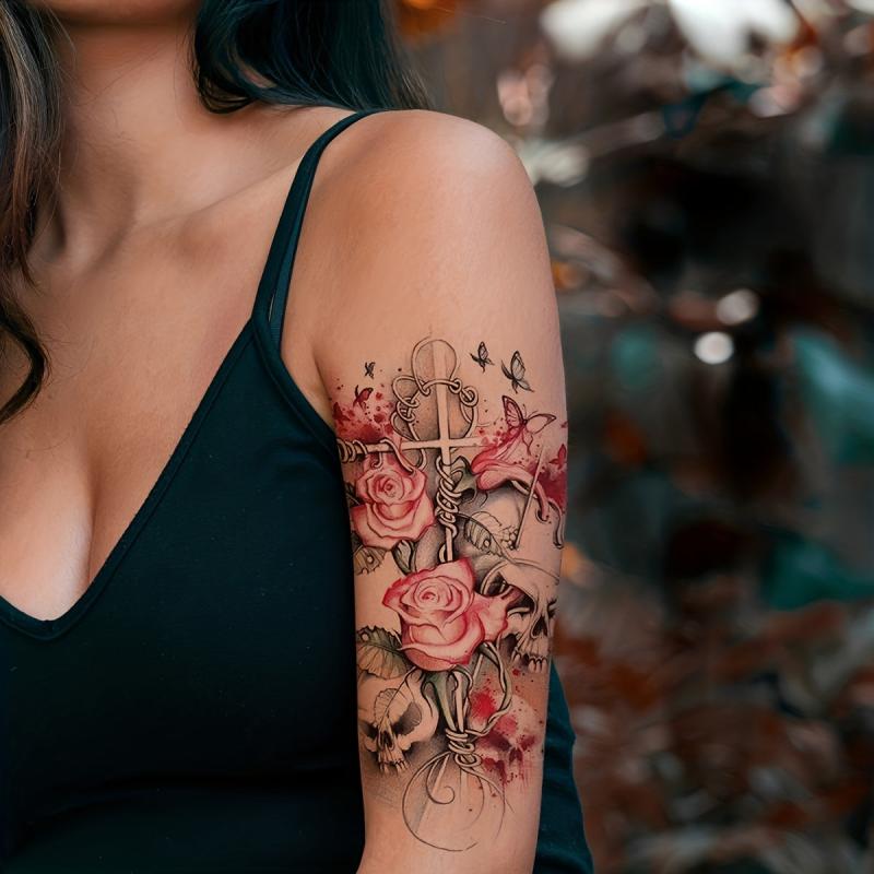 Flower & Cross Pattern Temporary Tattoo Waterproof Sticker