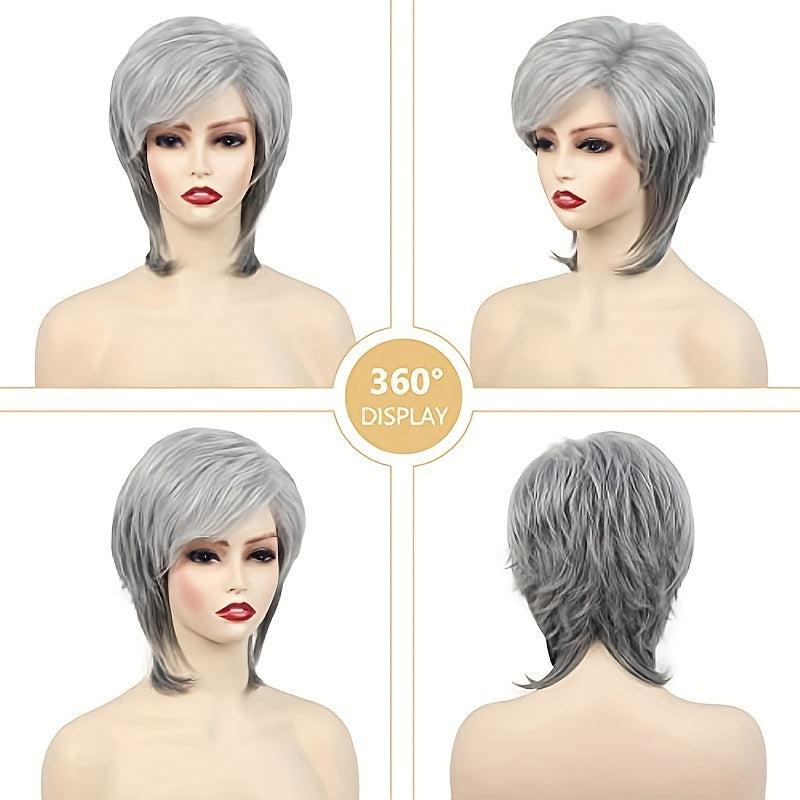 Short Gray Wigs Women Layered Pixie Cut Silver Grey Synthetic Hair Natural Look