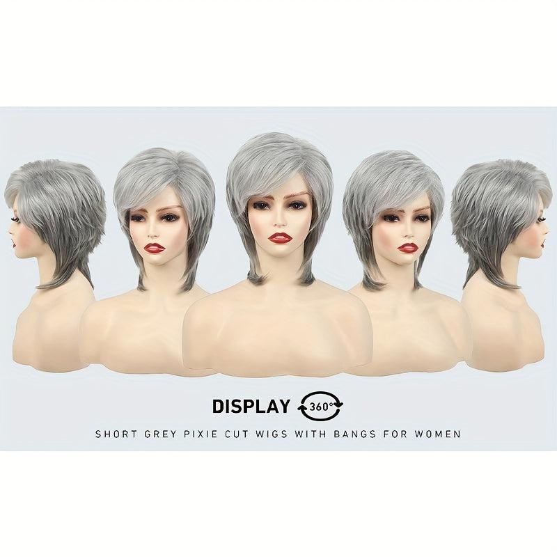 Short Gray Wigs Women Layered Pixie Cut Silver Grey Synthetic Hair Natural Look
