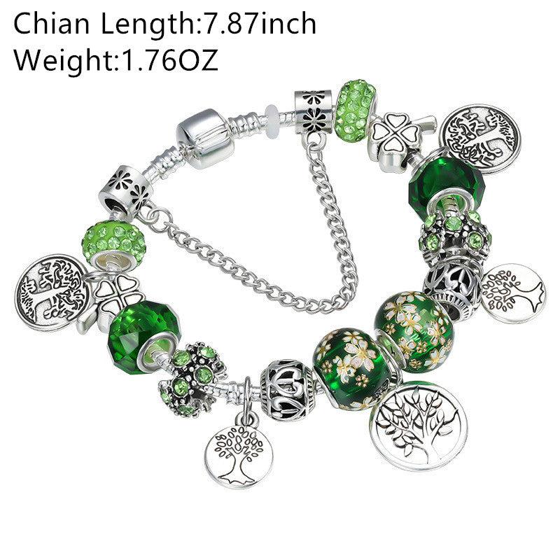 Silver Tree of Life Green Bead Bracelet