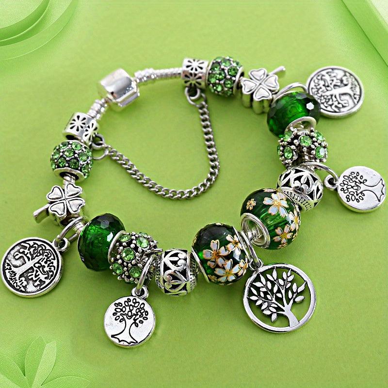 Silver Tree of Life Green Bead Bracelet