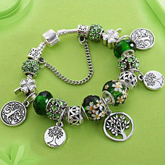 Silver Tree of Life Green Bead Bracelet