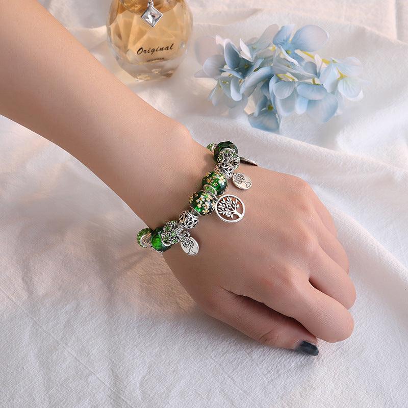 Silver Tree of Life Green Bead Bracelet
