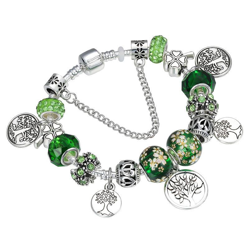 Silver Tree of Life Green Bead Bracelet