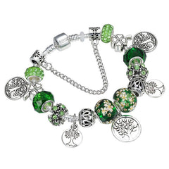 Silver Tree of Life Green Bead Bracelet
